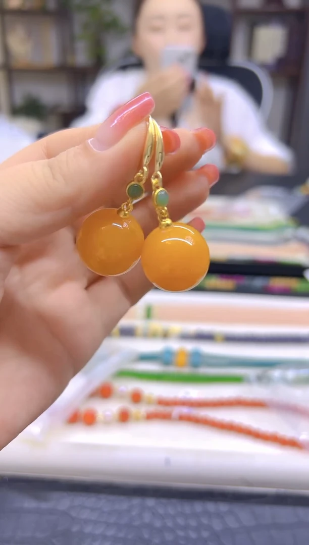 蜜蜡14K金镶嵌耳饰DIY款E893