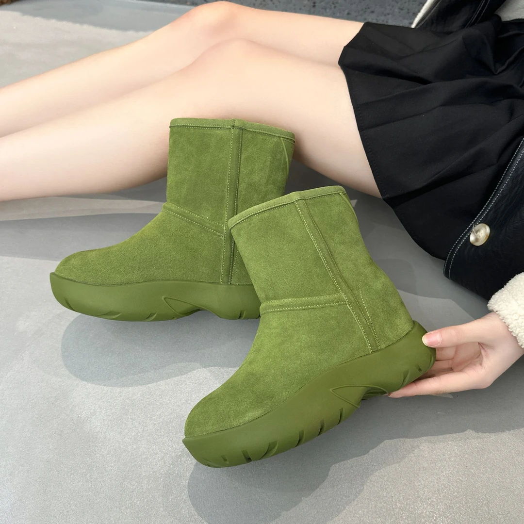 真皮绿色厚底雪地靴女2025冬季新款百搭防滑加绒加厚保暖休闲棉靴
