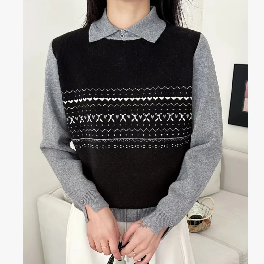 【大码】7508糯米绒新款翻领假两件设计感时尚百搭长袖显瘦女士上衣