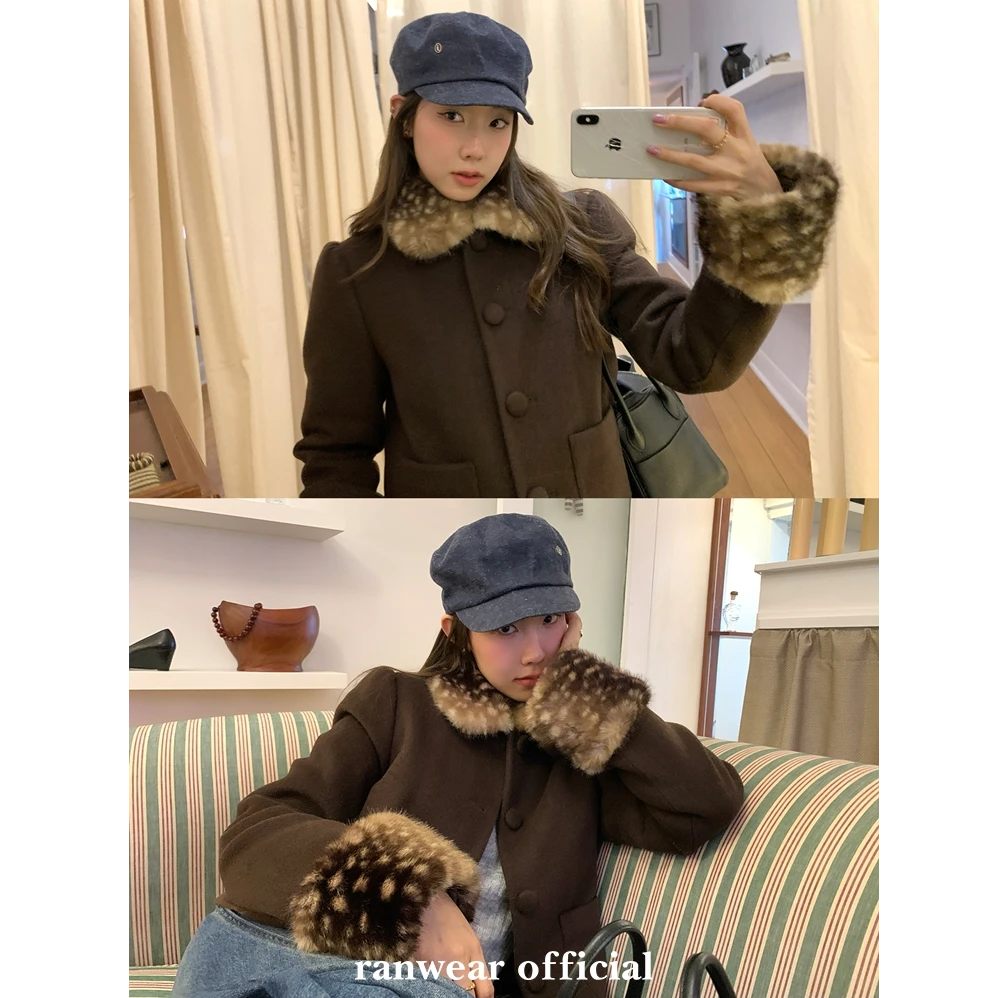 Ranwear'伦敦少女'59绵羊毛中古翻毛领包扣直筒绗棉厚毛呢外套
