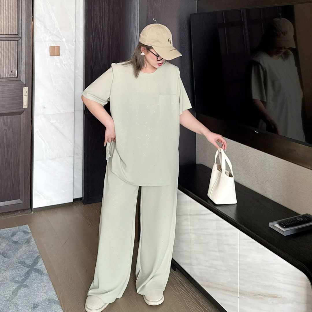 媛子大码亮片高级感时尚套装舒适慵懒风宽松女款夏季新款两件套