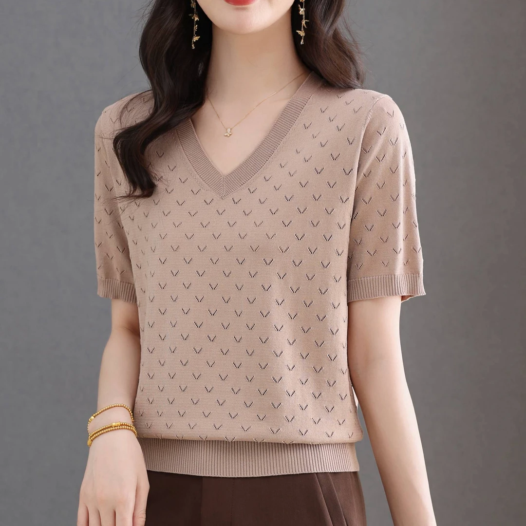 【天丝】凉爽短袖T恤女短款套头上衣宽松显瘦镂空透气V领薄针织衫