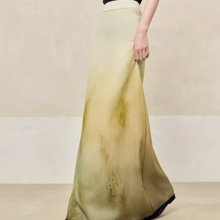 【翠墨山水】2025新中式国风夏季新款晕染垂感显瘦半身长裙女77Q-7