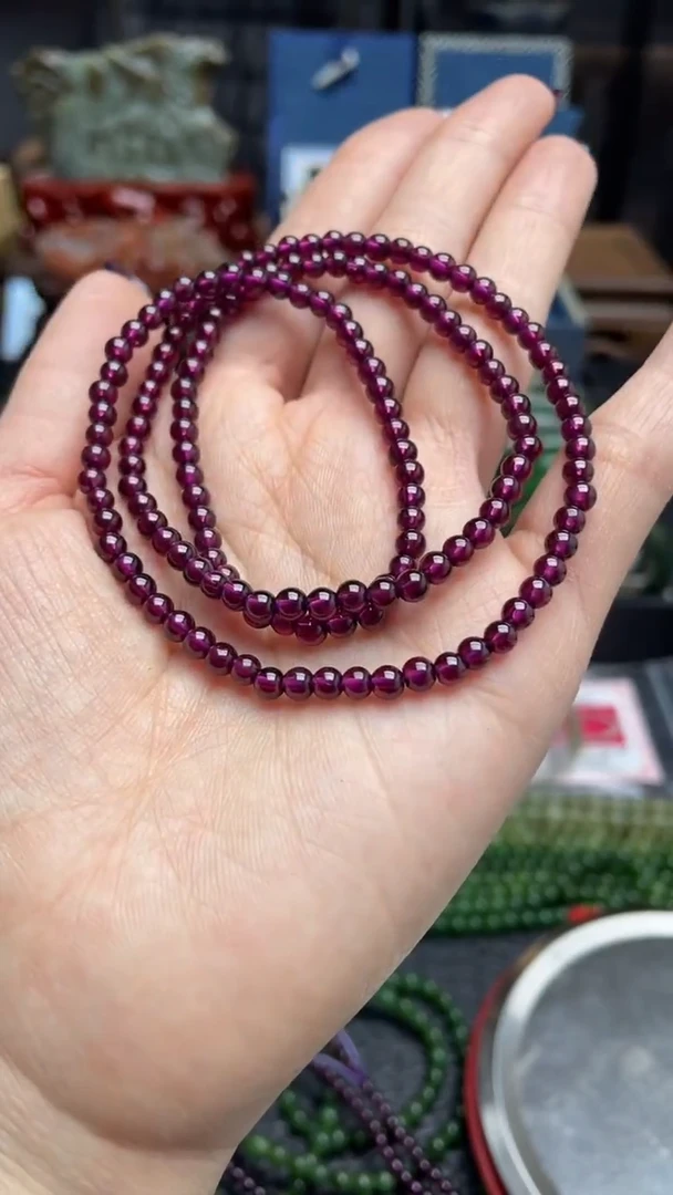 银S925镶嵌手链烟晶玫红色石榴石三圈4mm