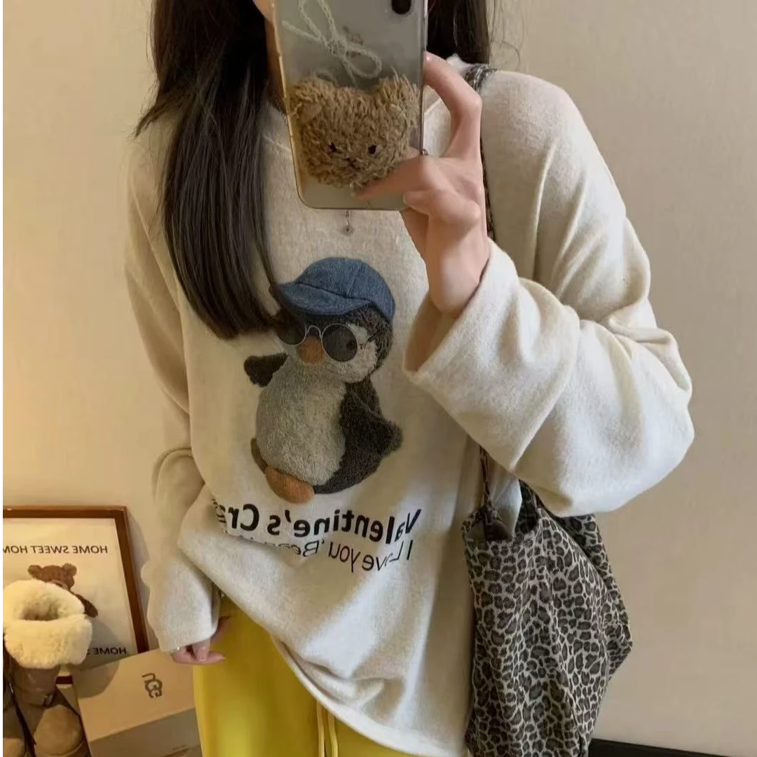 egg磨毛秋冬新款软糯卡通动物休闲运动墨镜企鹅单面绒加厚打底衫T