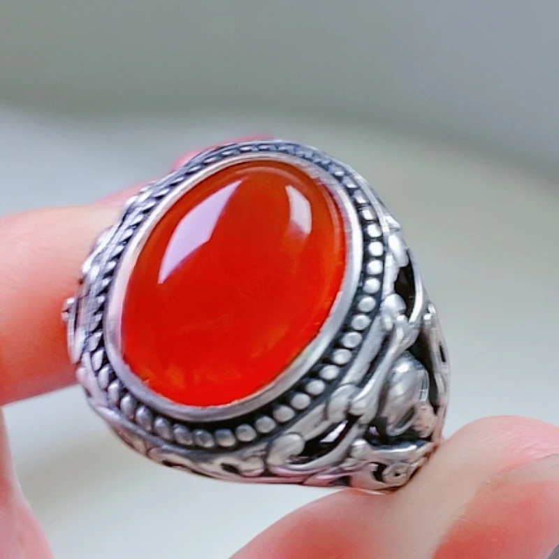 S925银镶嵌天然红玛瑙复古风个性款