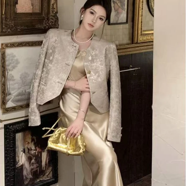 叮叮家【乔与花樽】缎面高级感吊带连衣裙+复古宫廷风提花外套套装