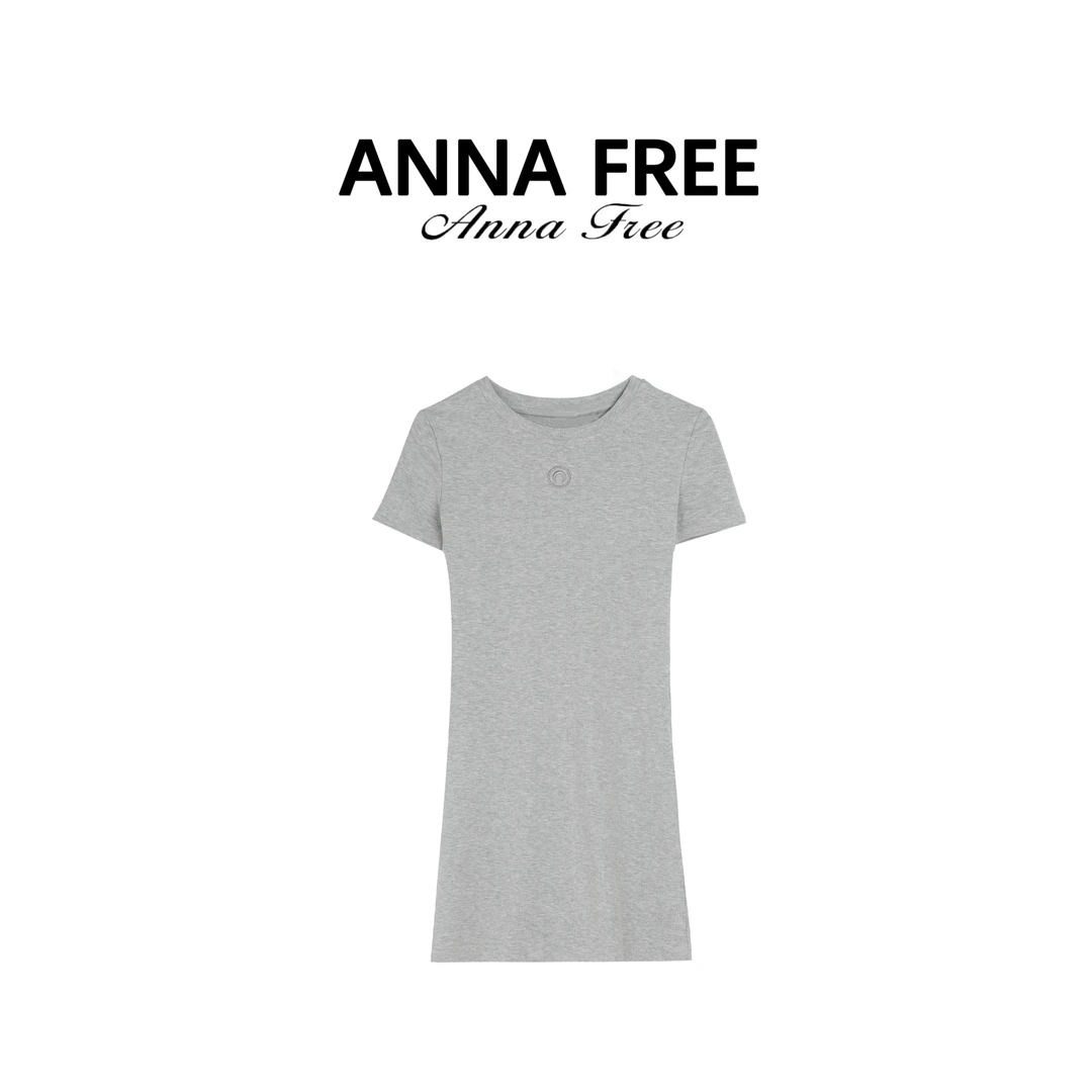ANNA FREE 显瘦复古连衣包臀裙时尚短袖圆领简约印花气质ZCT25247