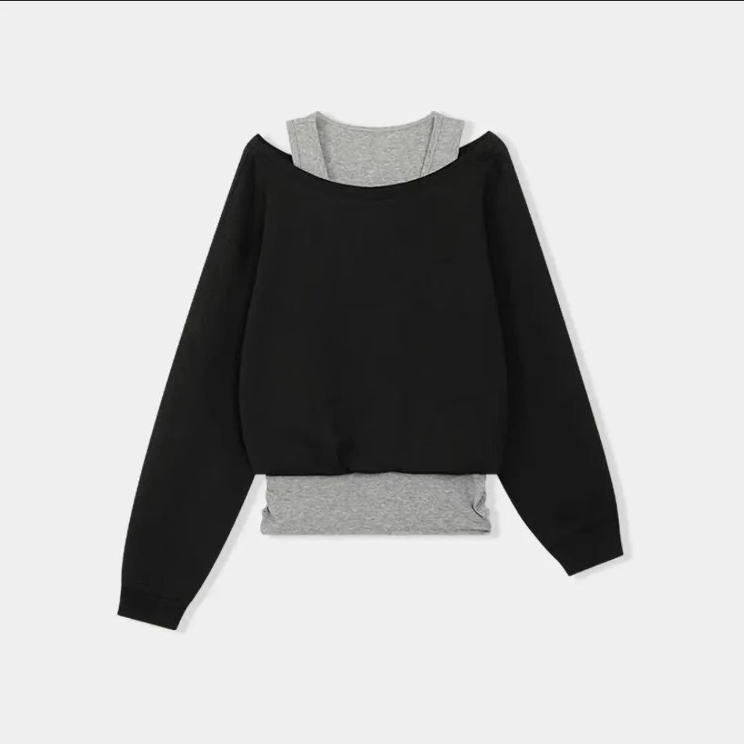 十三行灰色露肩圆领卫衣女春季新款设计感宽松套头假两件长袖上衣