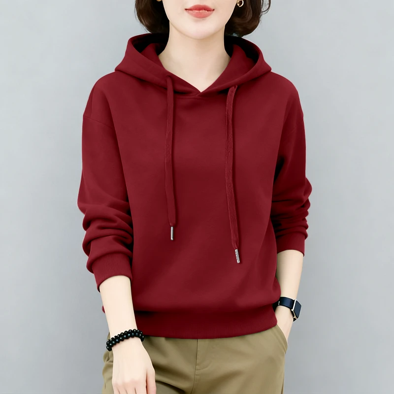 女士洋气中年保暖卫衣连帽新款加绒减龄上衣宽松百搭休闲加厚外套