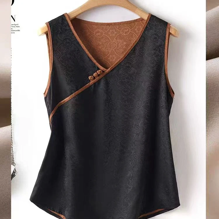 2025新中式缎面提花V领背心吊带小衫
