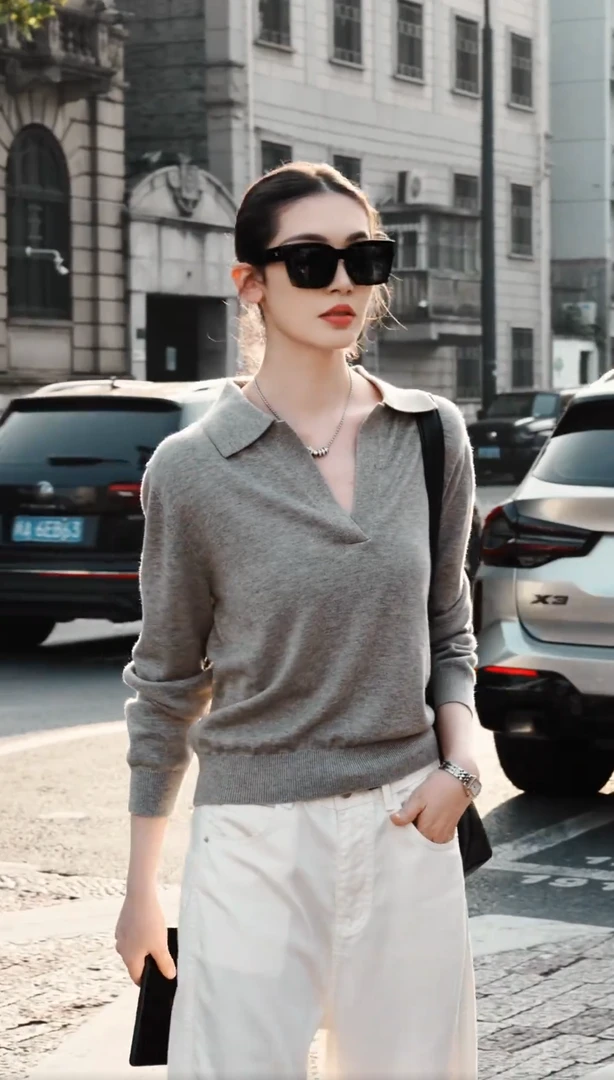 老钱风POLO领气质针织衫女秋季复古v领内搭打底衫松弛感上衣