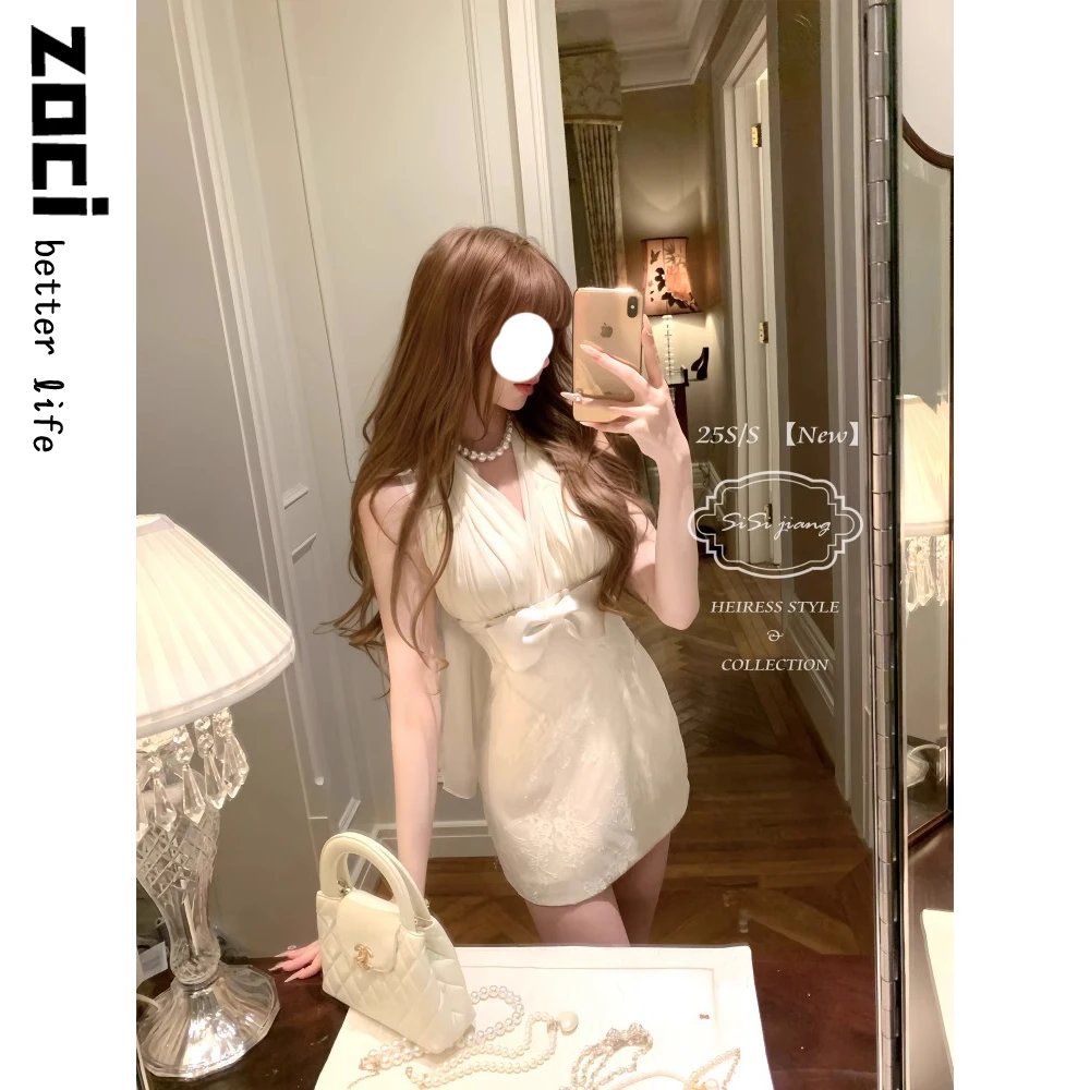 名媛千金风简约收腰显瘦连衣裙蝴蝶结挂脖气质包臀后妈裙夏季礼服