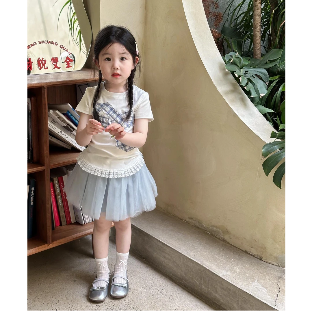 现货女童夏季韩版童装甜美风白色蝴蝶结短袖蓝色纱裙洋气套装