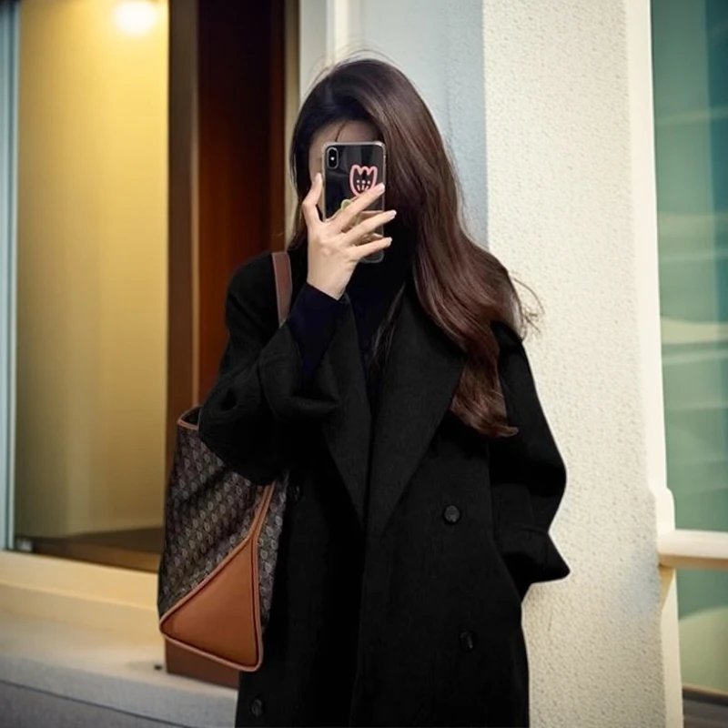 GiftPalm秋冬黑色毛呢外套女新款韩系高级感赫本风中长款加厚大衣