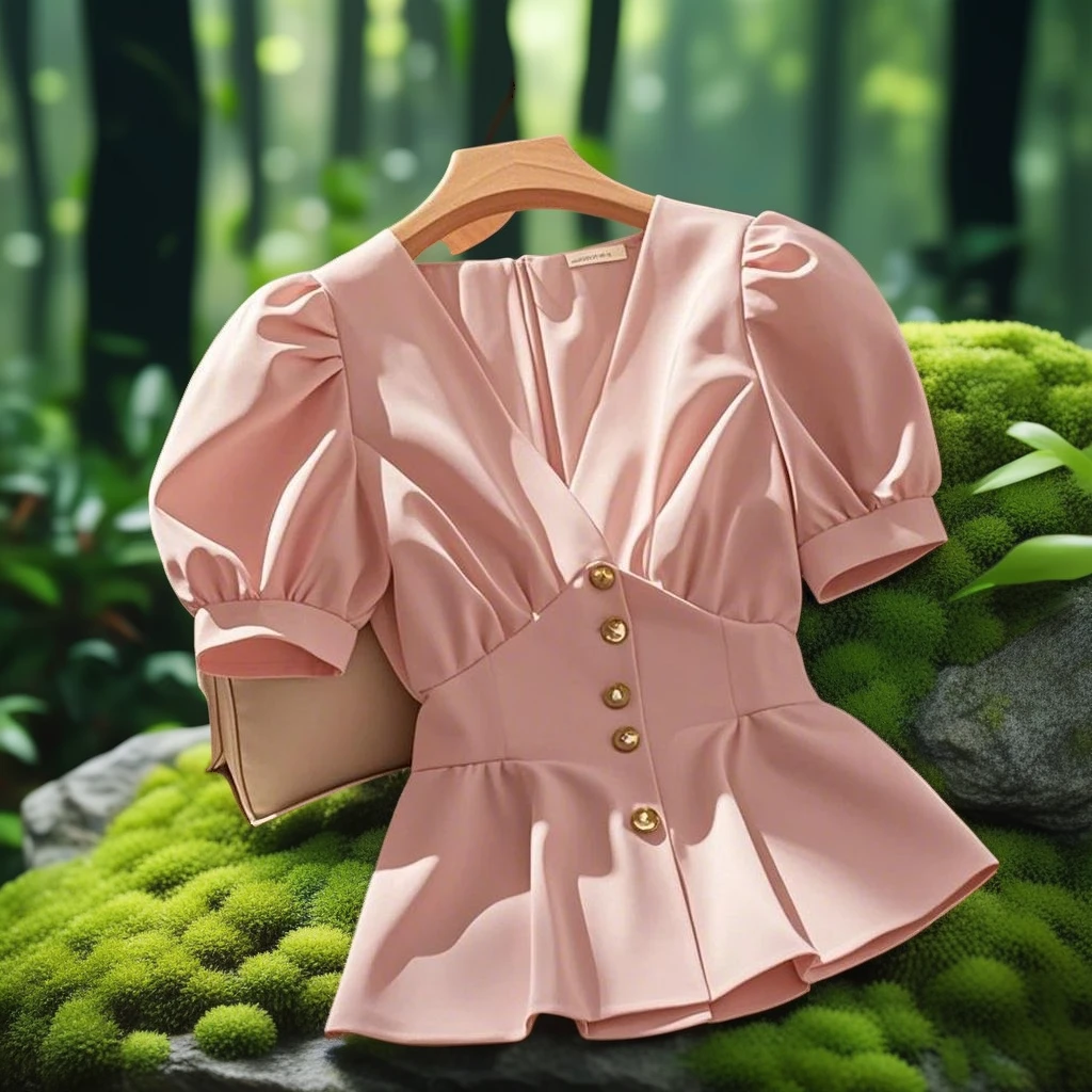 粉色高级独特轻奢新款收腰漂亮法式好看衬衫女泡泡袖设计感上衣夏