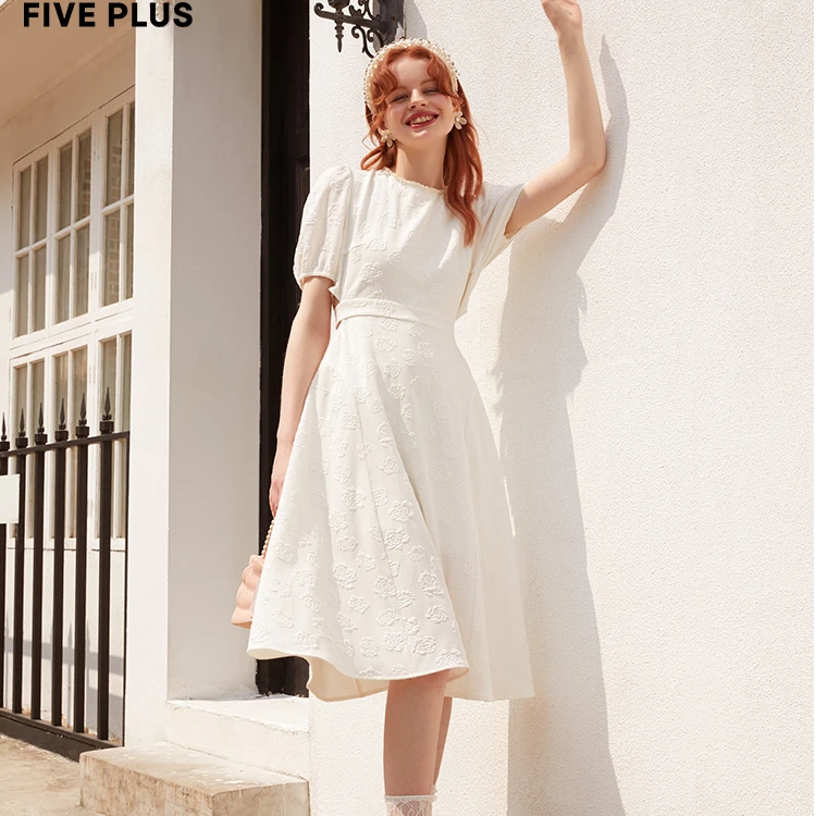 FIVE PLUS连衣裙女复古泡泡袖高腰露背中长裙提花2TN2080150