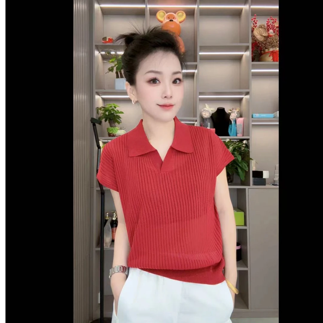 翻领坑条针织衫---