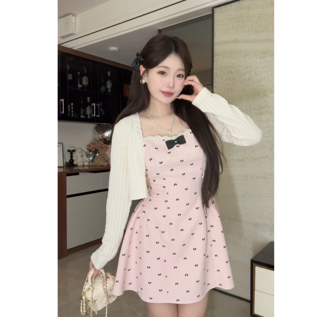 大码春季法式纯欲甜美粉色蝴蝶结吊带连衣裙小礼裙10876