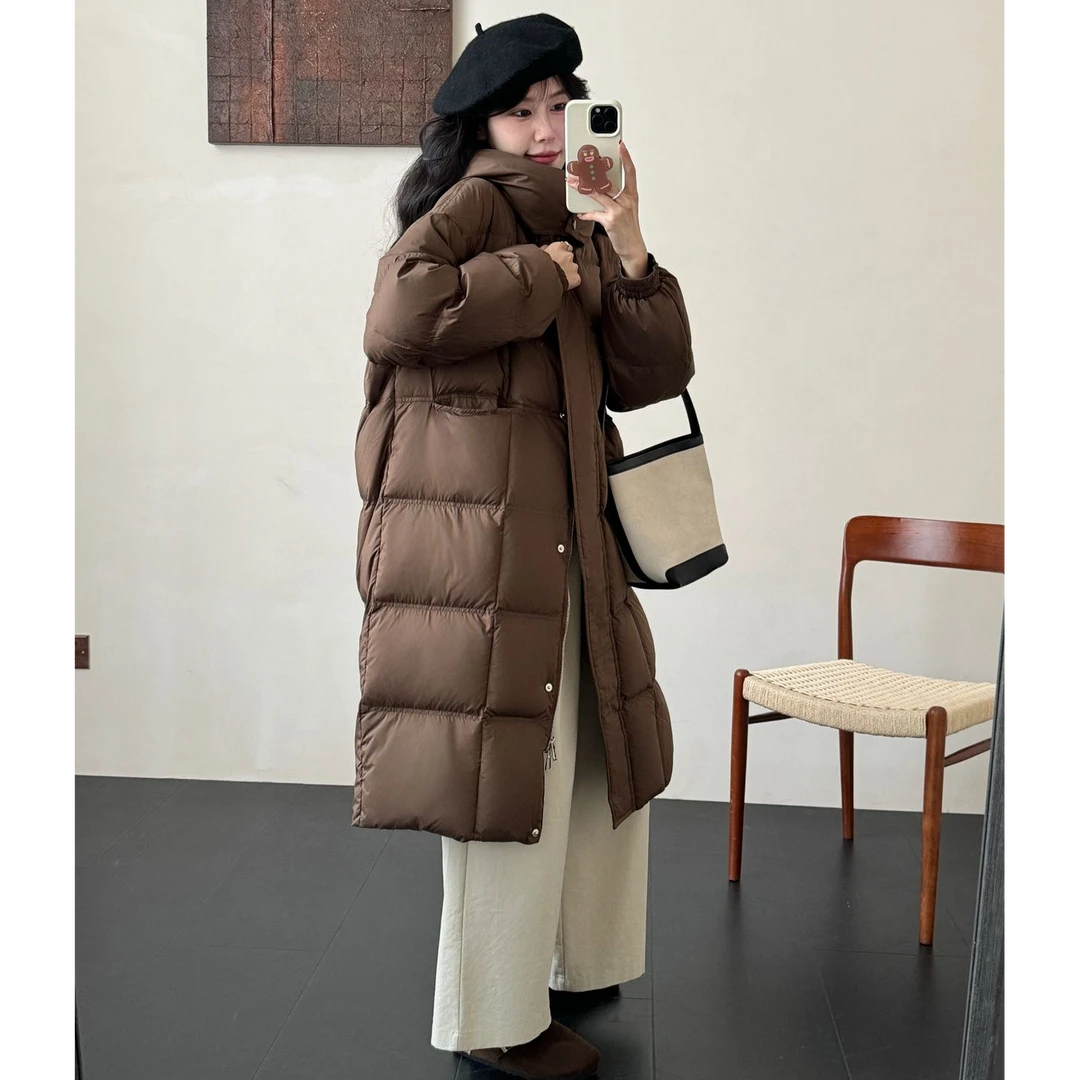 2024新款白鸭绒过膝加厚长款保暖羽绒韩版女款宽松泡芙连帽外套