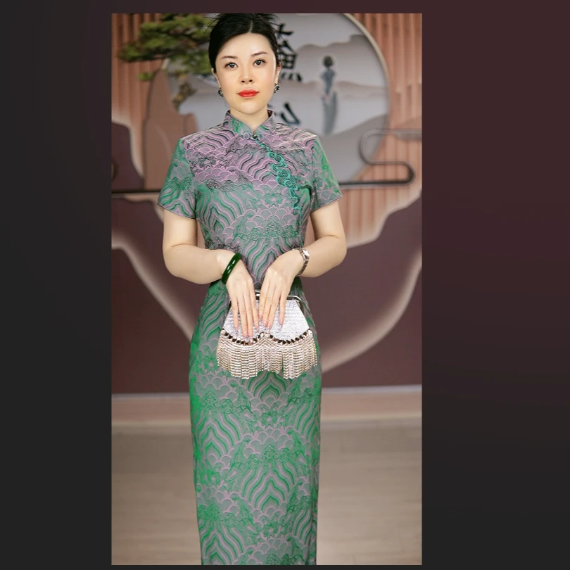 夏季新款中式复古国风秀禾服长裙绿色修身显瘦旗袍优雅气质高级感