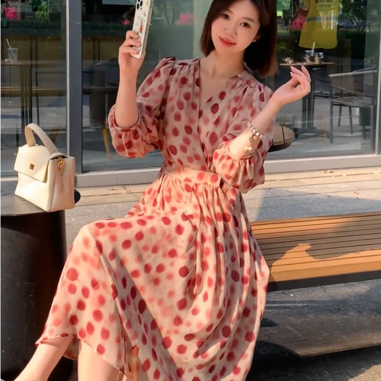 法式V领收腰中长裙波点韩版春夏连衣裙夏季女装显瘦裙子长裙