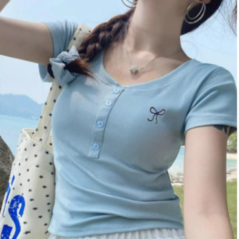 U领蝴蝶结刺绣正肩短袖t恤女2025夏季新款设计感打底衫修身上衣服