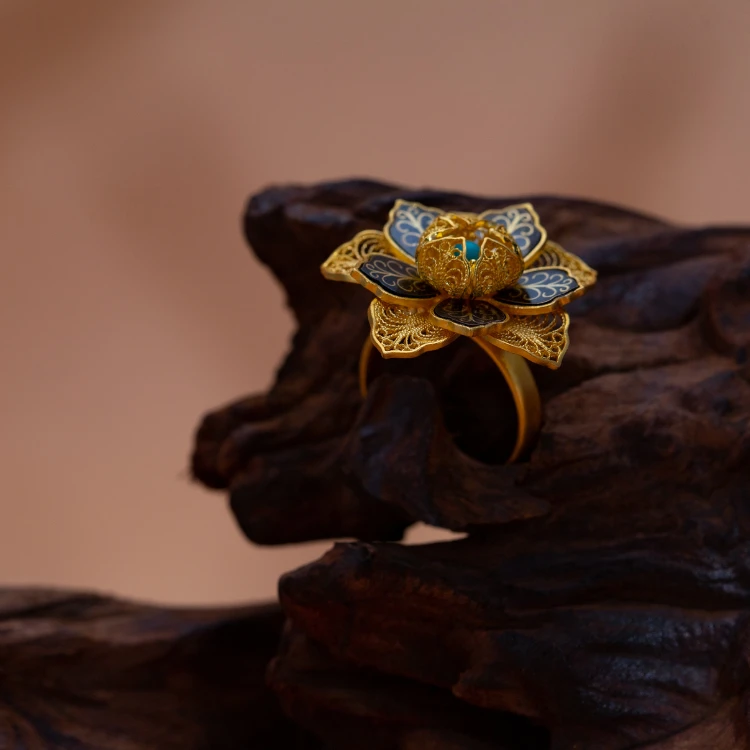 乌铜走银天工繁花戒指（银镀金） 非遗手工艺