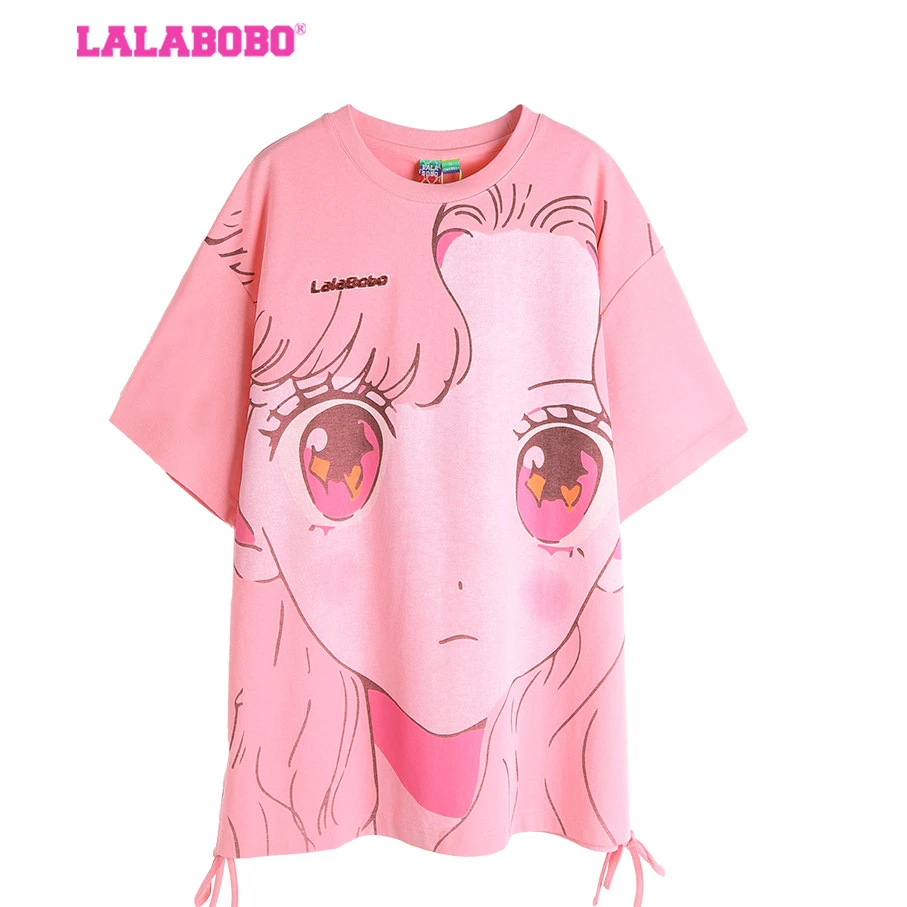 LALABOBO【欧若拉】夏新款宽松抽褶卡通印花圆领