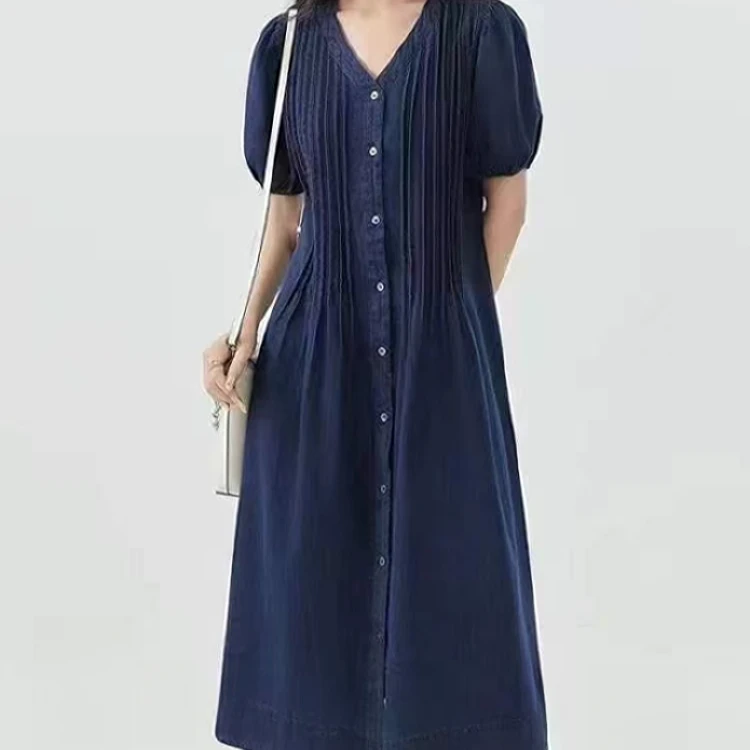 【裙长103-107】V领纯棉连衣裙夏季显瘦气质收腰风琴褶裙子240601