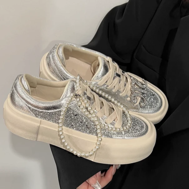 羊皮版~真皮百搭厚底闪钻板鞋女2025新款做旧脏脏鞋休闲运动鞋子