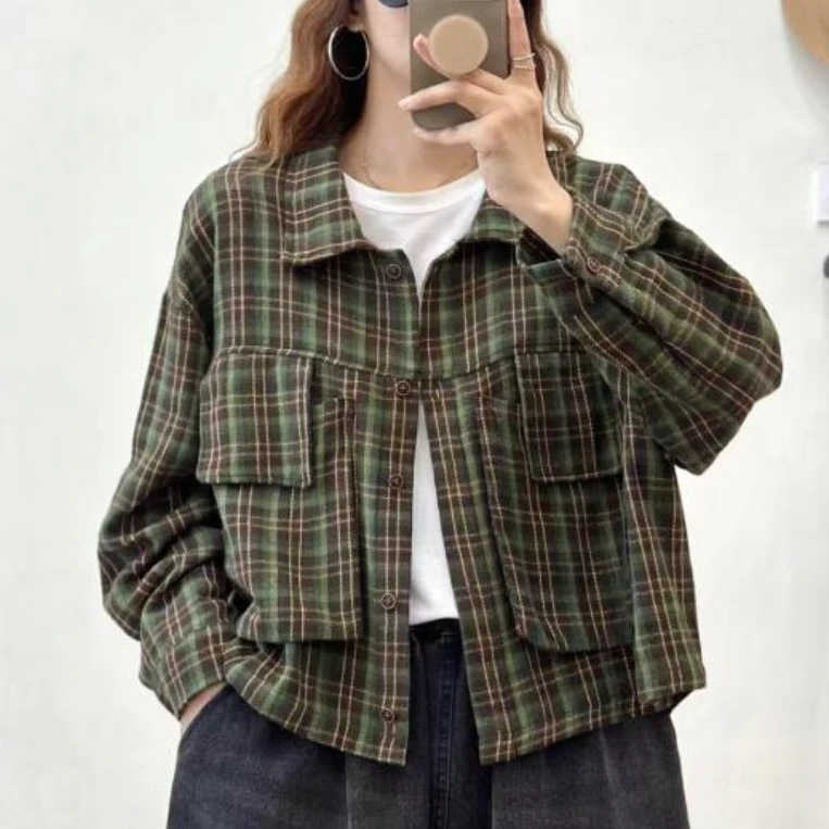 545新款春秋女士休闲格子外套大码宽松显瘦时尚气质百搭上衣
