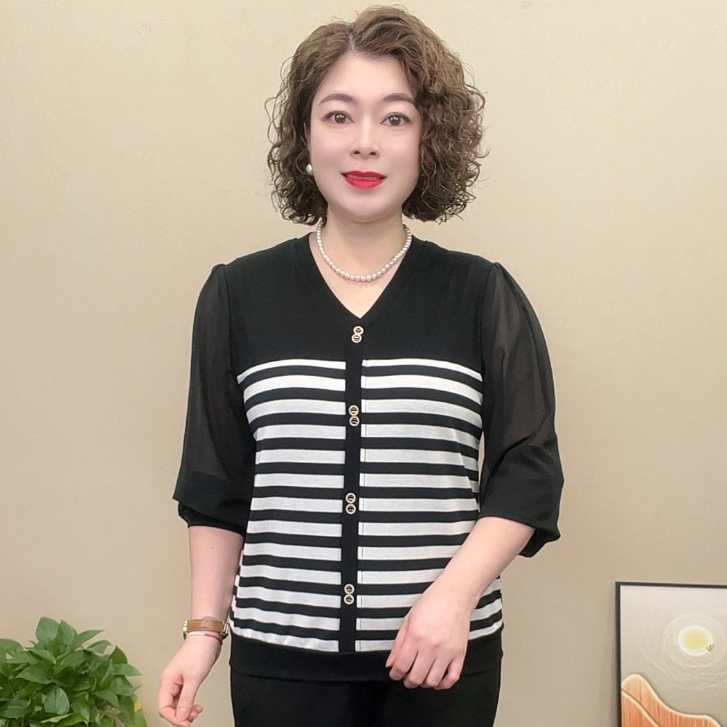 妈妈装长袖春款条纹潮牌减龄显瘦气质洋气时尚百搭宽松上衣V领