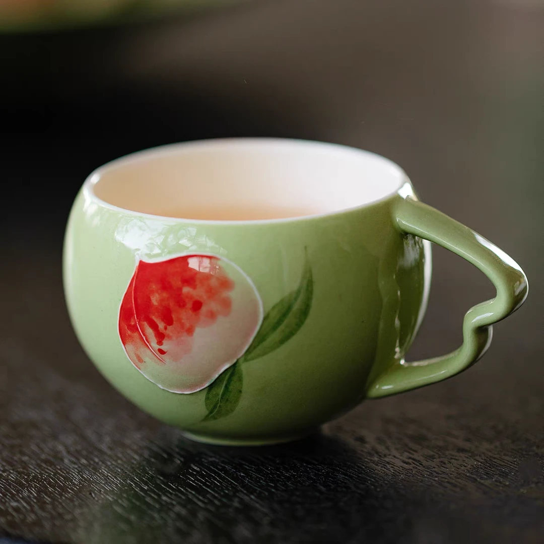 伴斤好物梵高端单杯手绘手工桃子杯子喝茶泡茶家用茶杯陶瓷杯茶具