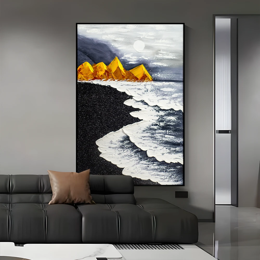 立体手绘油画《山盟海誓》金山玄关挂画黑白客厅背景墙装饰画027