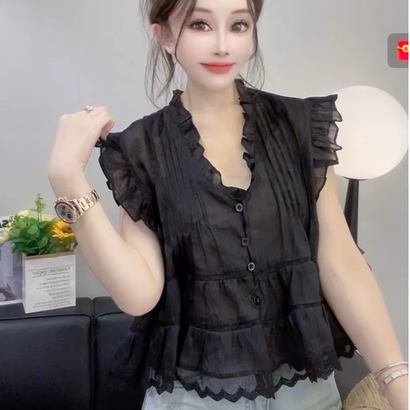 〖猫姐衣橱〗夏季新款欧货V领褶皱苎麻上衣6080-1