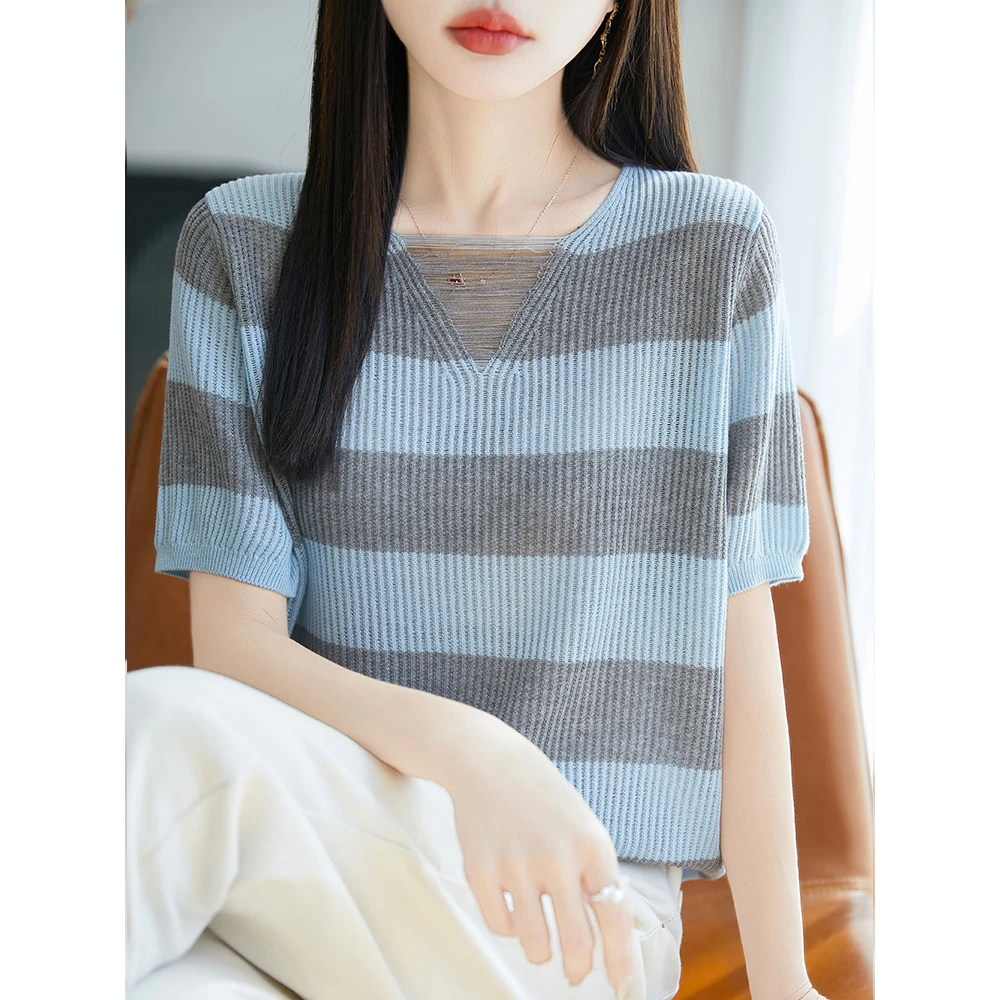 【梅姐专属】小众轻薄短袖T恤女V领显瘦时髦羊毛衫上衣QHNSY-380