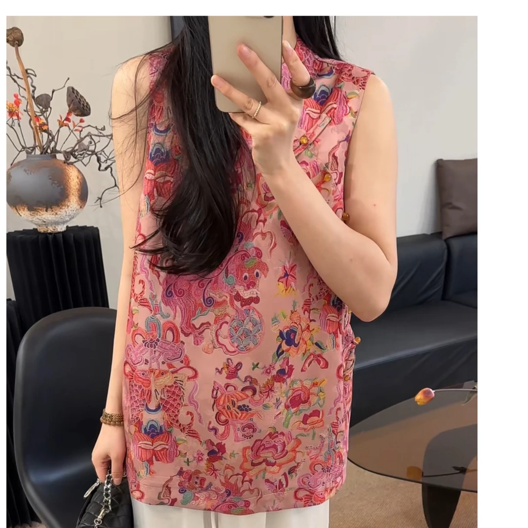 【蘇蘇现货】0312国风盘扣衬衫马甲女老钱风背心裙中长款上衣无袖