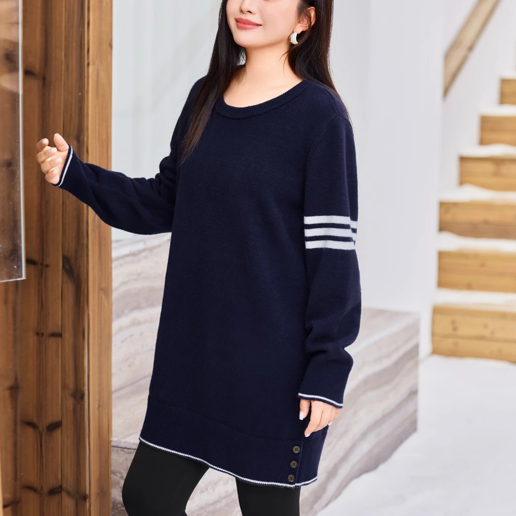 【现货秋冬软糯慵懒条纹排扣毛衣】MsShe大码女装长款J~A2509033