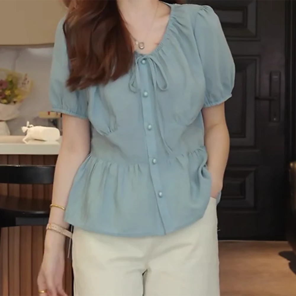 2025夏韩版简约气质大方系带款圆领短袖衬衣宽松洋气