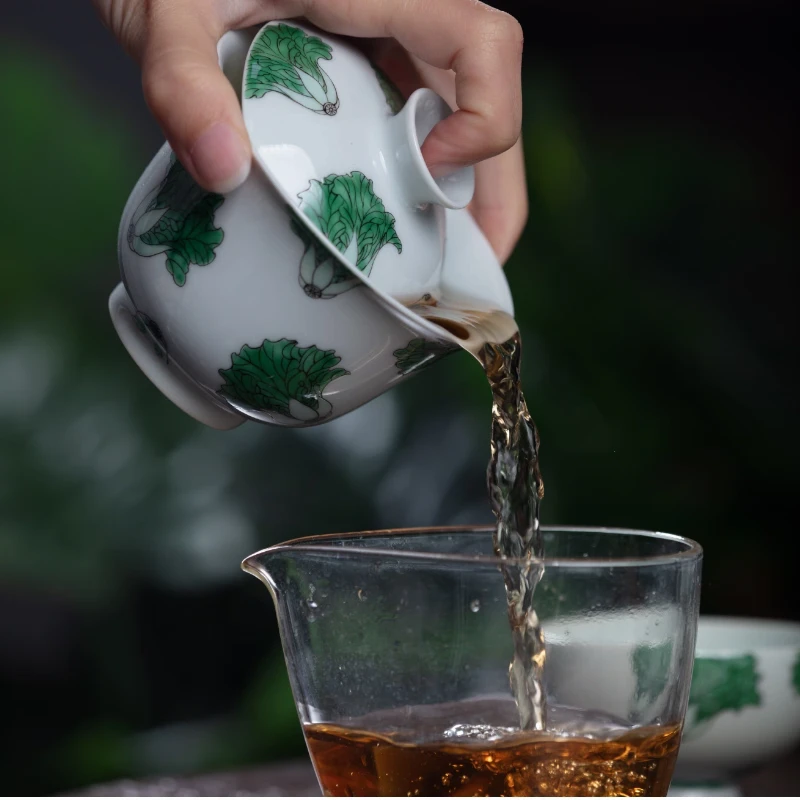 【手工手绘古彩白菜盖碗+主人杯】
