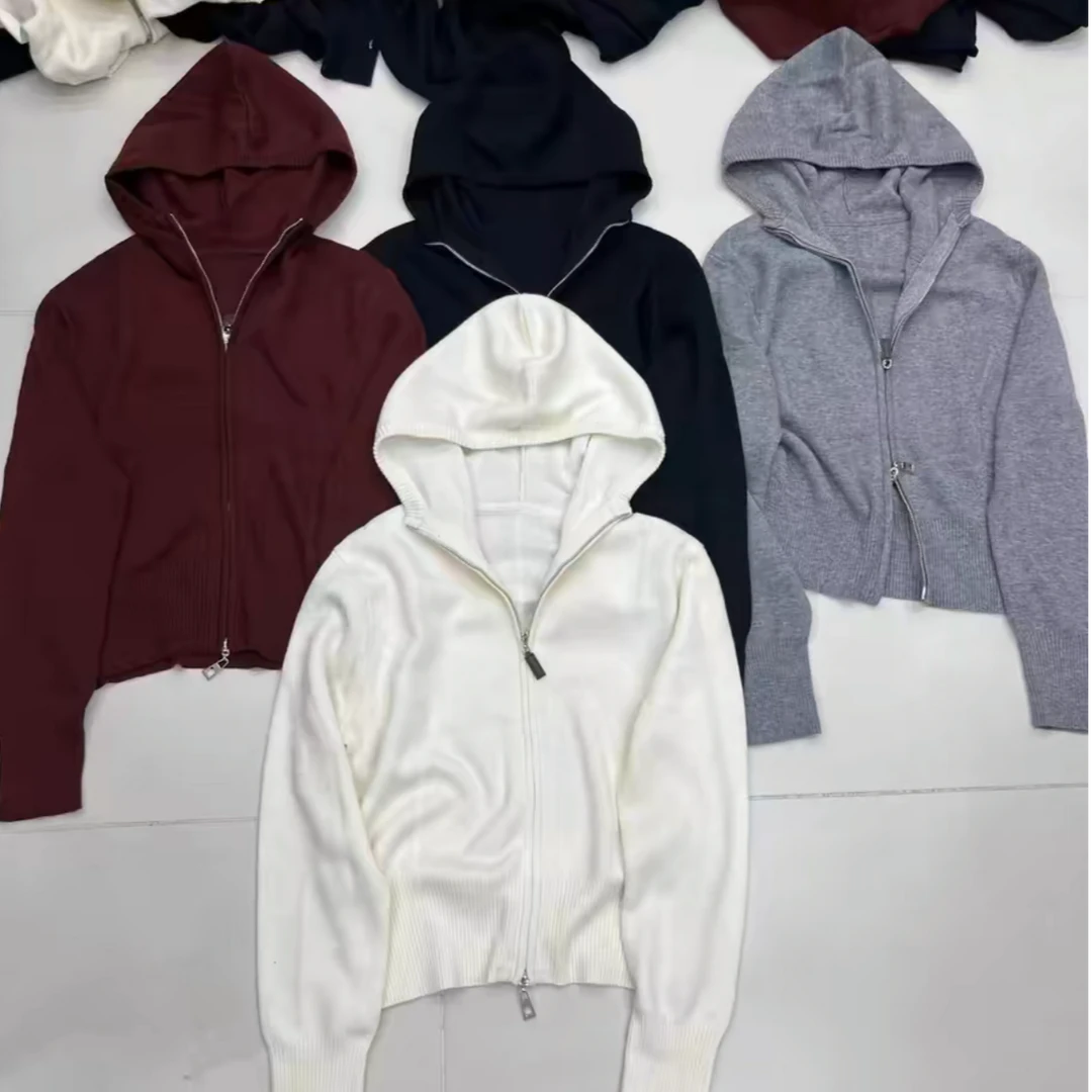 9657#新款冬季双拉链休闲百搭显瘦连帽开衫短款针织衫