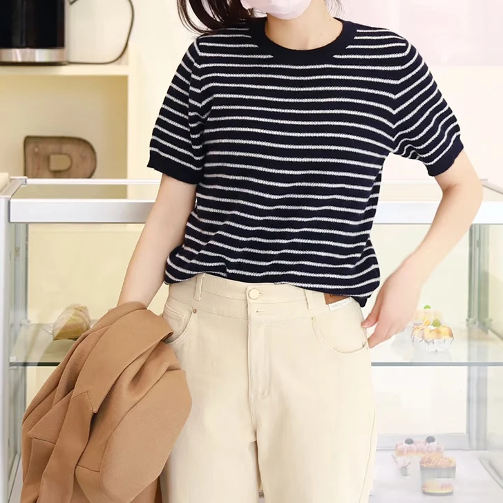 宝丫轻奢   T女式时尚撞色条纹亮片圆领休闲薄款短袖针织衫K2824