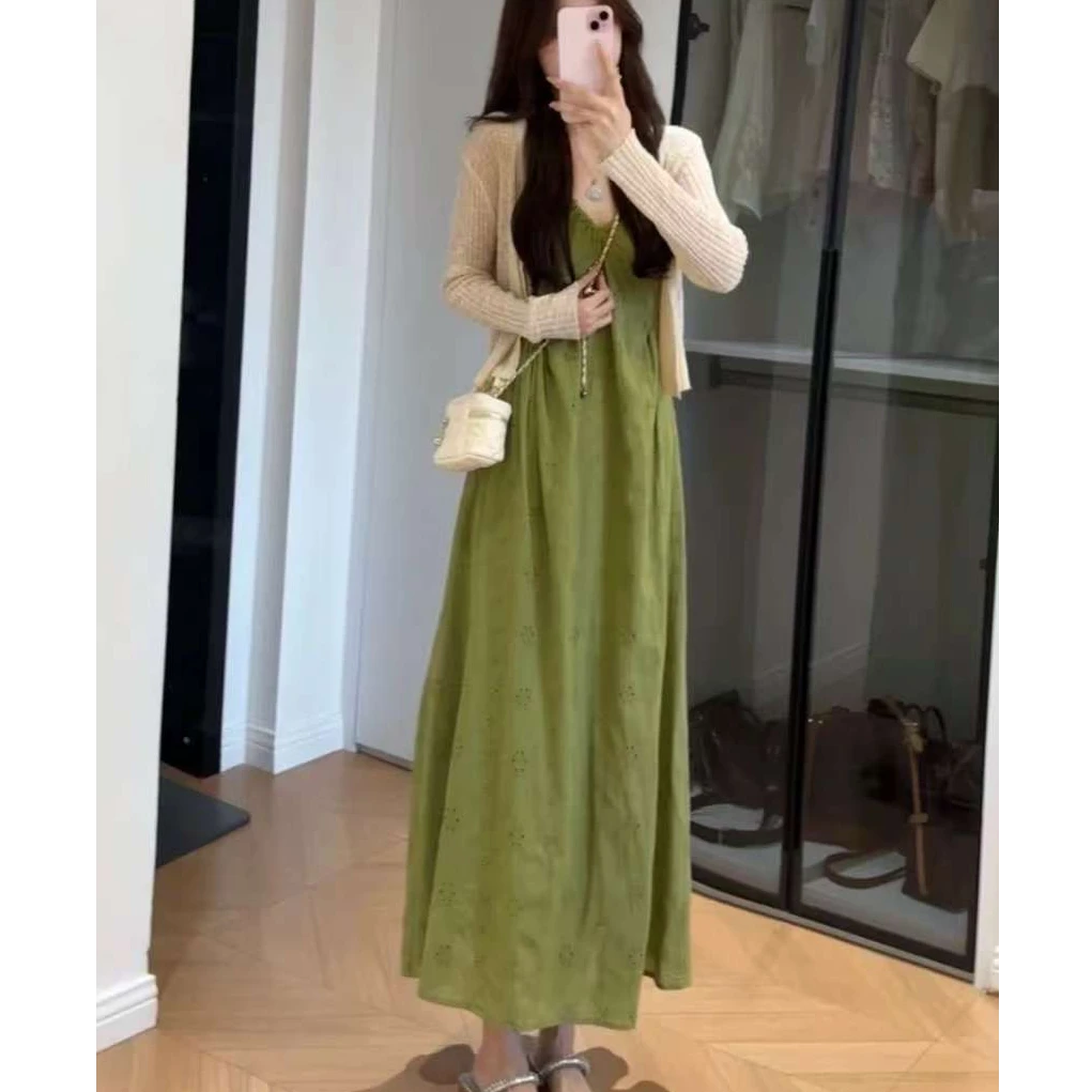 2025韩版时尚吊带裙夏季V领宽松腰高腰连衣裙甜美百搭时尚裙女