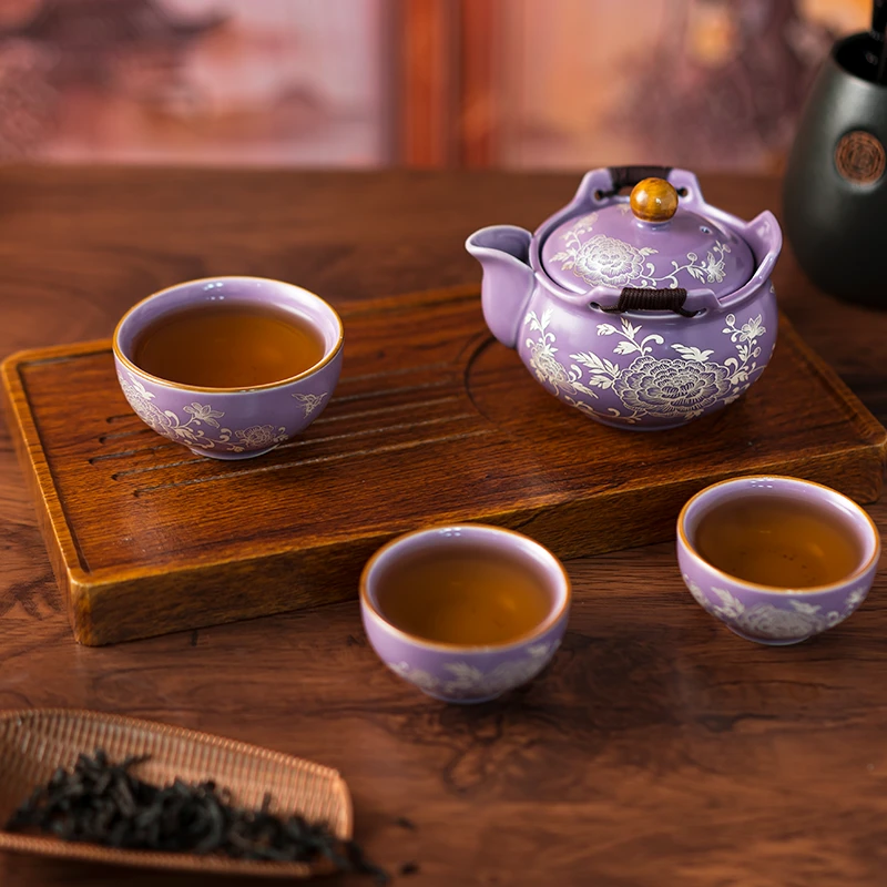 汝窑紫色宝壶便携式旅行茶具套装手工款茶艺器具中式户外车载茶具