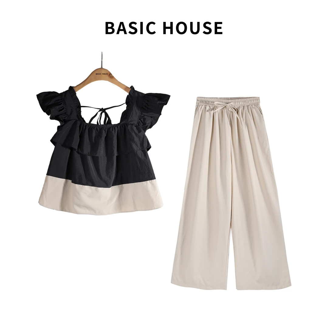 Basic House/百家好飞飞袖方领拼接衬衣高腰长裤套装B1385B5HL02