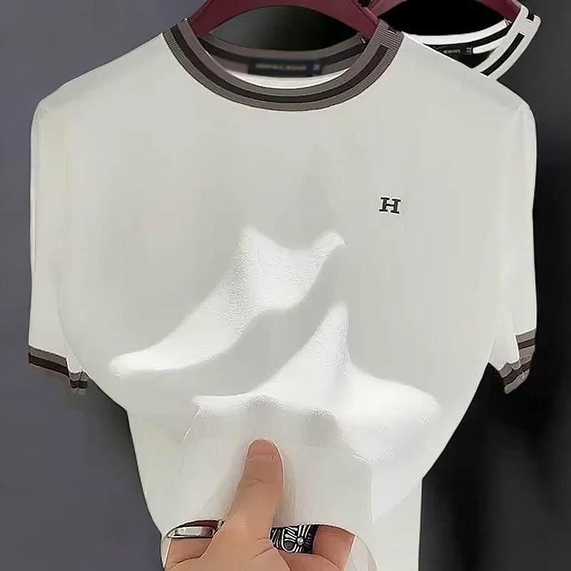 夏季轻奢男装大码潮牌时尚圆领短袖针织衫百搭休闲撞色圆领男上衣