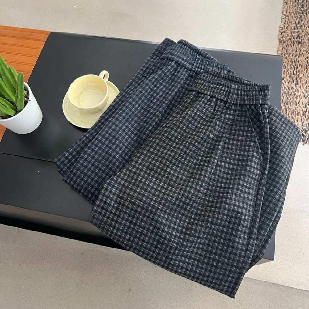 韩式复古慵懒格子奶奶裤秋冬新款梨形身材显瘦宽松九分阔腿休闲裤