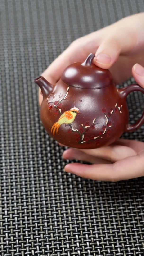 茶壶紫砂高温段泥火云烧雀上枝头泥绘茄瓜160c
