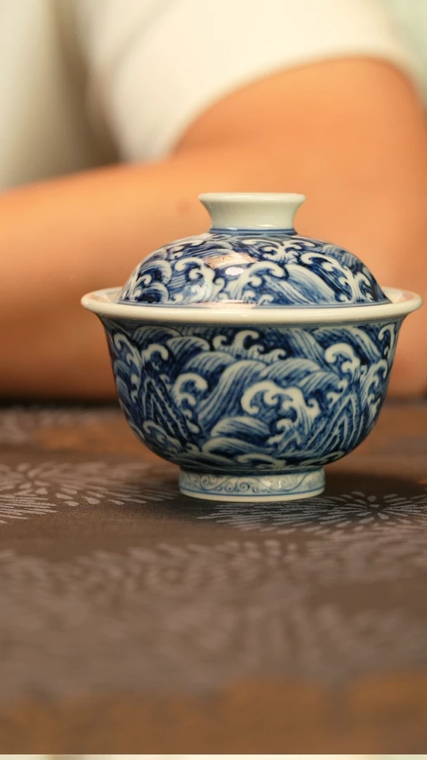 仿明江崖海水元宝盖碗